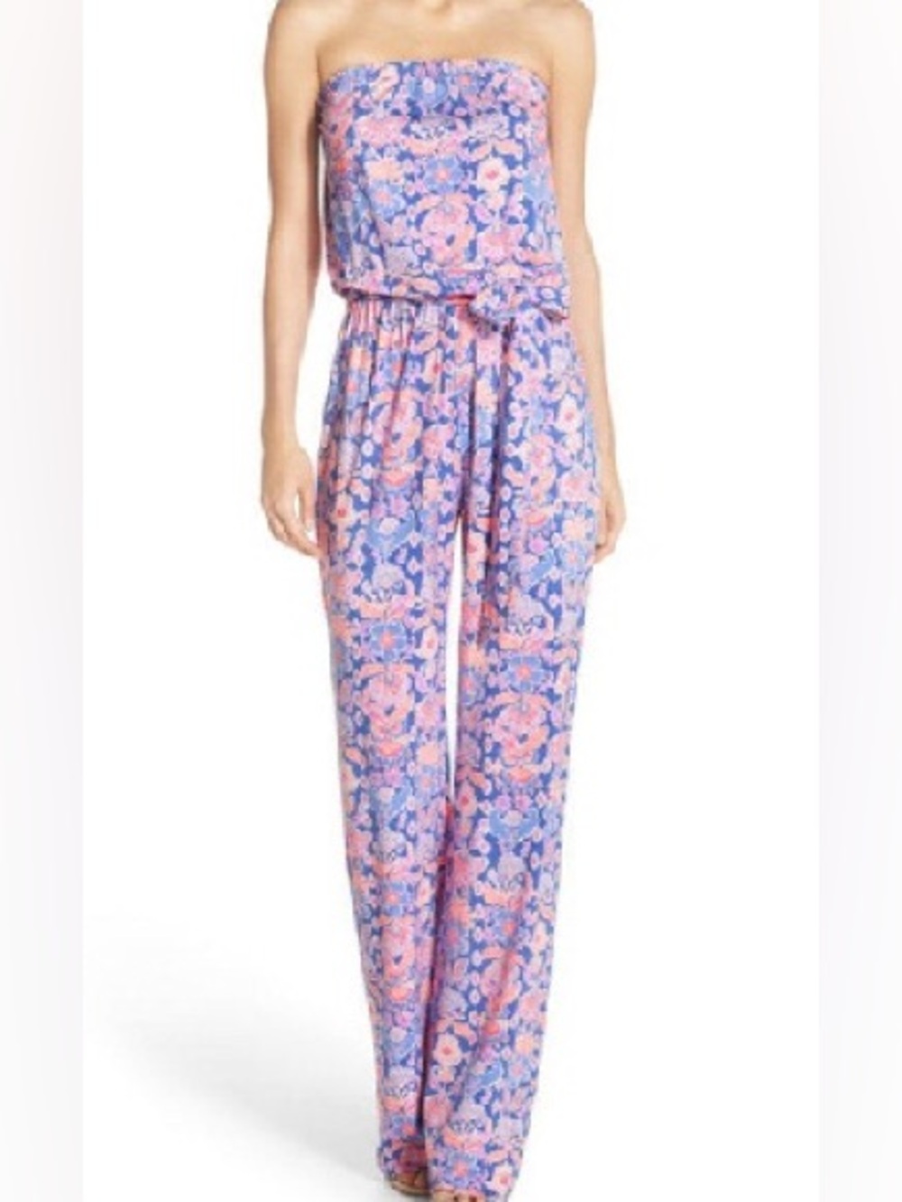 Lilly Pulitzer Tia Iris Pink Blue Jersey Strapless Pant Jumpsuit